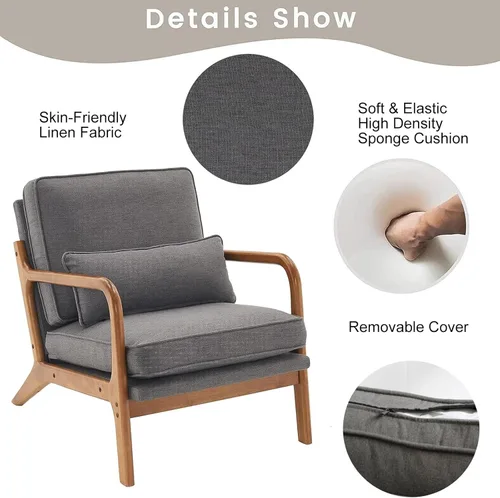 Miniatura 6 de Silla decorativa para sala de estar, sillón tapizado moderno de mediados de siglo con almohada, sillón de lectura, cómoda silla decorativa para Gris