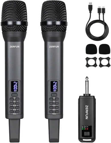 Miniatura 12 de Micrófono inalámbrico recargable, sistema de micrófonos de mano inalámbricos profesionales dinámicos con control de eco, agudos, graves, volumen