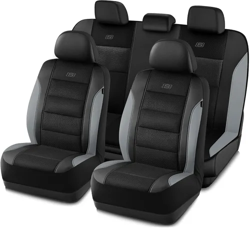 Skechers Fundas de Asiento con Espuma Viscoelástica y Refrigeración por Aire, Cuero Premium con Malla EVA, Fundas de Asiento de Automóvil, Juegos