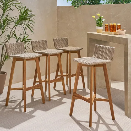 Miniatura 2 de GDFStudio Taburetes de bar de madera y mimbre para exteriores (juego de 4), marrón claro y teca