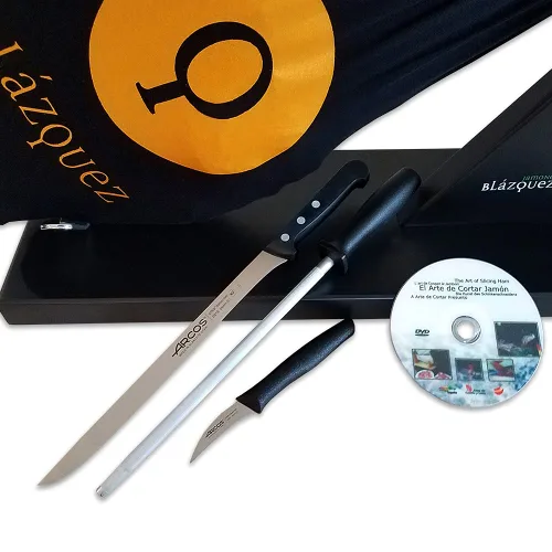 Miniatura 3 de Paleta Ibérica Kit Profesional, 12 Libras, 2 Años de Curación, 50% Raza Ibérica, 20-25 Porciones + Jamonero Profesional + Juego de Cuchillos ARCOS
