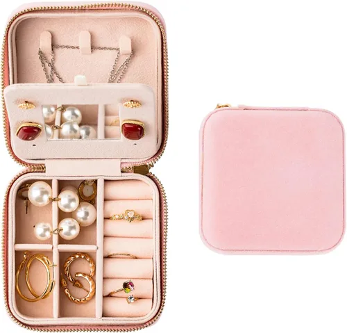 Smileshe Joyero de terciopelo para mujeres y niñas, pequeño organizador de viaje con espejo, mini estuche de regalo portátil, cajas de