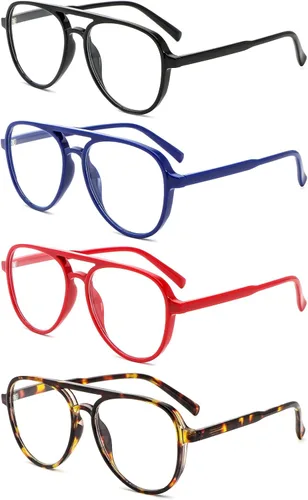 MMOWW Paquete de 4 gafas de lectura estilo aviador sobredimensionadas para mujeres y hombres, estilo piloto retro de doble puente, con bloqueo de