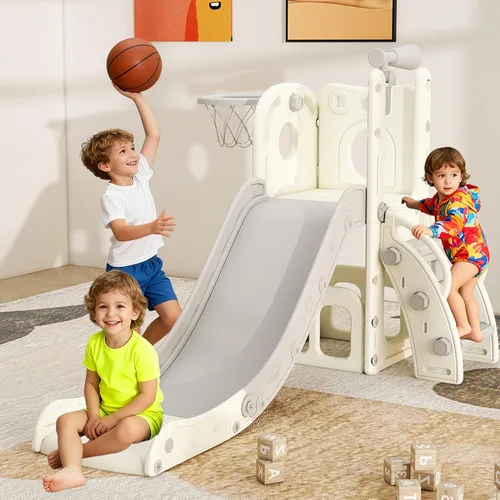 Tobogán 6 en 1 para niños de 1 a 3 años, para interiores y exteriores, con aro de baloncesto, almacenamiento, escalador y telescopio, gran regalo