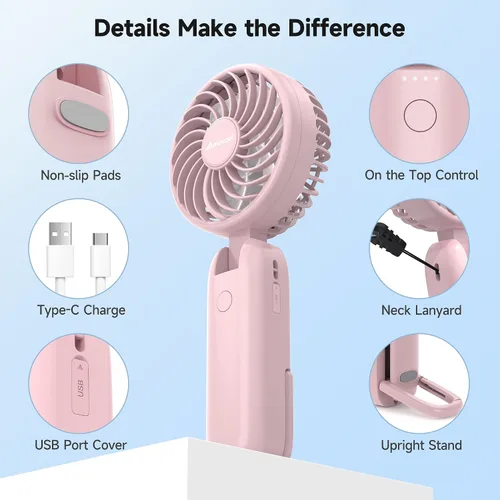 Miniatura 7 de AMACOOL Ventilador portátil de mano con motor dual, 12 aspas, potente ventilador de mano de 4 velocidades, plegable, ventilador de enfriamiento Rosa