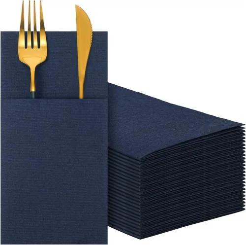 Miniatura 12 de Cindeer 150 piezas de servilletas de cena azul marino con sensación de lino, bolsillo plano incorporado, preplegadas, servilletas de papel 2-Azul