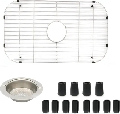 Miniatura 10 de Rejilla para fregadero de cocina 26-1/8"x14-1/4" - Protector de fregadero de cocina resistente con colador integrado y drenaje central, pies de goma