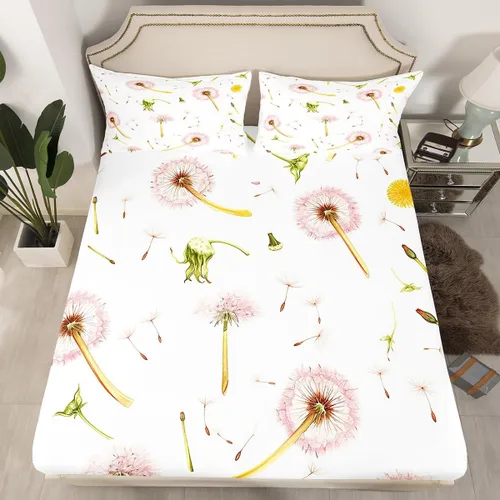 Manfei Sábana bajera ajustable de diente de león rosa, tamaño individual, funda de cama de flores en acuarela con 1 funda de almohada, juego de ropa