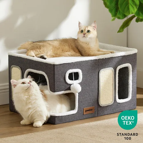Miniatura 7 de ZOMISIA Casa Extra-Ancha para Gatos de Interior – Casa Grande para Gatos para Mascotas con Pompón Colgante y Almohadilla Rascadora, Refugio Plegable