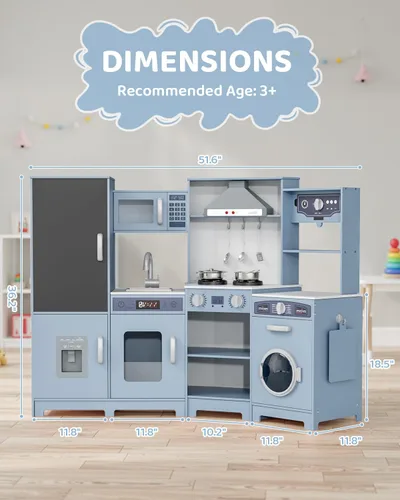 Miniatura 2 de MAMIZO Cocina de Esquina de Madera de Juego, Gran Set de Juego de Cocina Interactivo Definitivo para Niños Pequeños de Simulación con Pizarra, Azul