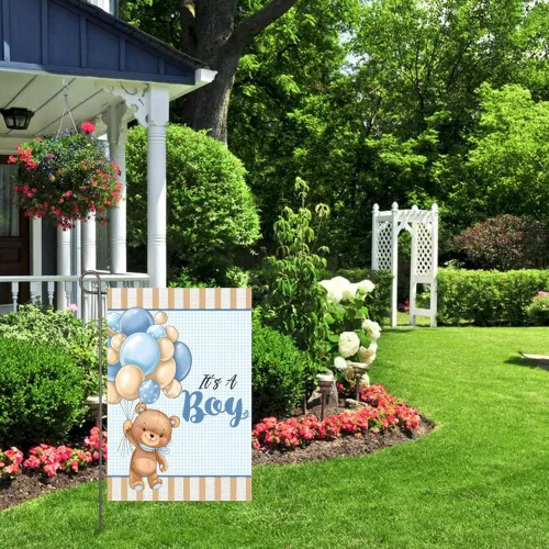 Miniatura 6 de Bandera de jardín con texto en inglés "It's A Boy" de 12 x 18 pulgadas, globos de oso de peluche de doble cara, bandera de jardín para bebé, baby