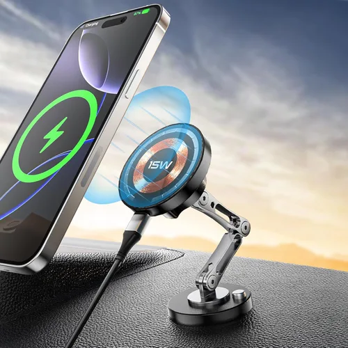 Cargador magnético de montaje en coche inalámbrico, carga rápida de 15 W, soporte magnético para teléfono celular 2 en 1, se pega en el parabrisas
