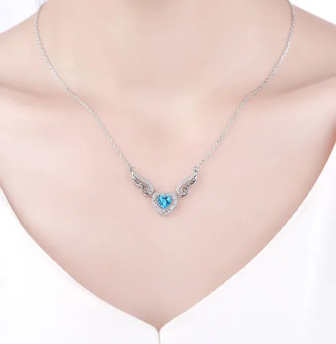 Miniatura 6 de Fine Jewelry - Collar con colgante de plata de ley 925, piedra preciosa natural, topacio azul suizo, amatista, peridoto, amor, corazón, alas de ángel
