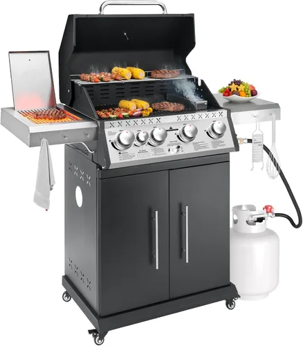 Parrilla de gas propano, parrilla de barbacoa de acero inoxidable 4+1 con quemador lateral infrarrojo para cocinar al aire libre, color negro