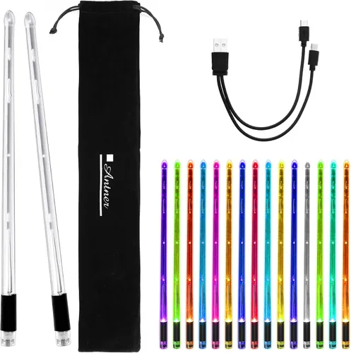 Antner Baquetas recargables con luz LED que cambian de color en 15 colores, brillan en la oscuridad, baquetas geniales con bolsa de almacenamiento