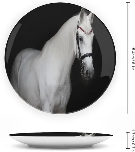 Miniatura 2 de Plato decorativo de 6 pulgadas, plato de porcelana de caballo, caballo blanco sobre fondo negro, placa de exhibición de cerámica para adornos