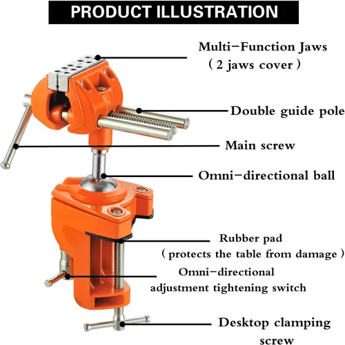 Miniatura 3 de MAXMAN Tornillo de banco de abrazadera con poste universal, tornillo de banco de carpintería, acero fundido resistente de 360°, tornillo de Naranja