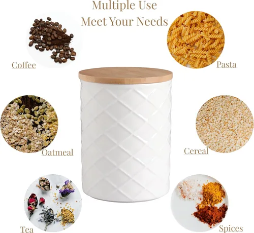 Miniatura 2 de Sweejar Juego de recipientes de cerámica para encimera de cocina, tarro de almacenamiento de alimentos en relieve con tapa de bambú, recipiente