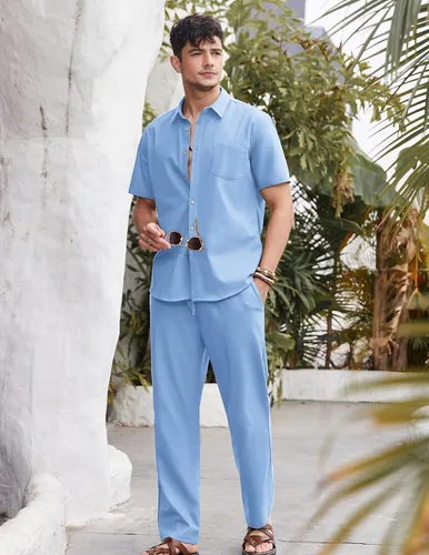 Miniatura 2 de COOFANDY Conjunto de 2 piezas de lino para hombre, conjunto de camisa y pantalón con botones para la playa