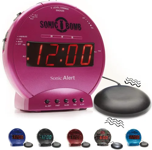 Miniatura 12 de Sonic Bomb - Reloj despertador doble extra fuerte con vibrador de cama, negro Sonic Alert vibrante, para personas de sueño pesado, batería