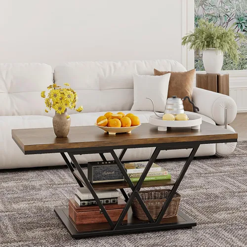 Miniatura 3 de Espelism Mesa de centro industrial con almacenamiento de 3 niveles para sala de estar, mesa rectangular de madera para cóctel, mesa de té rústica