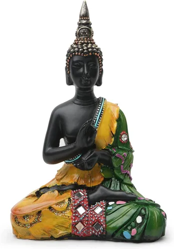 Miniatura 10 de Escultura meditadora de Buda Polystone, estatuas de Buda pintadas a mano, estatuas de Buda para el hogar, decoración de meditación, decoración Azul
