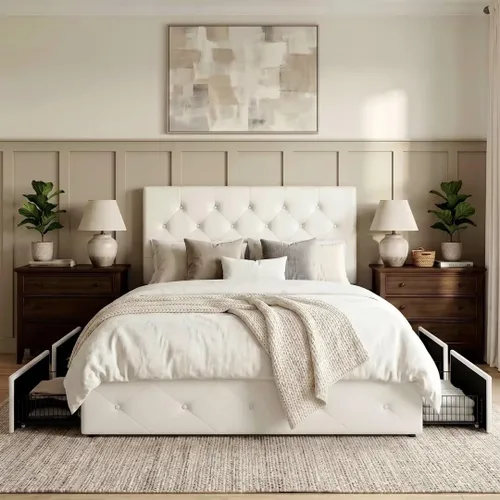 Miniatura 3 de Allewie - Base de cama con plataforma tapizada tamaño Queen, con 4 cajones de almacenamiento y cabecera, botón cosido en forma de diamante, base
