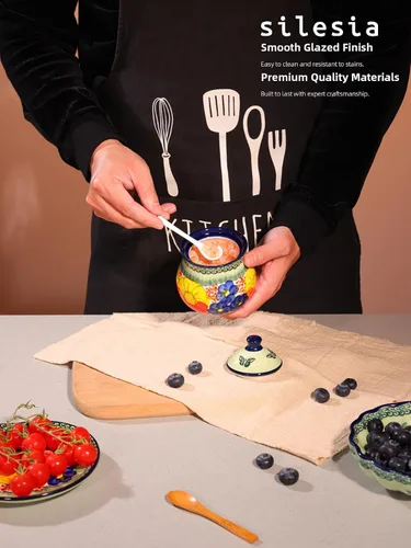 Miniatura 6 de Azucarero hecho a mano de Silesia con tapa y cuchara, jarra de azúcar de cerámica pintada a mano de 9 onzas para el hogar en caja de regalo