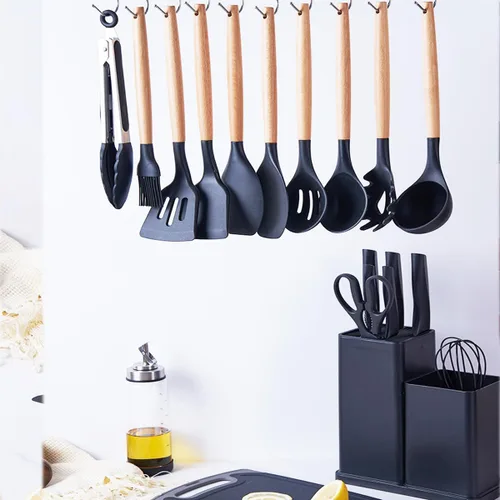 Miniatura 8 de Juego de utensilios de cocina y cuchillos con bloque, juego de cocina todo en uno de 19 piezas, 12 utensilios de silicona antiadherentes + 5 Negro