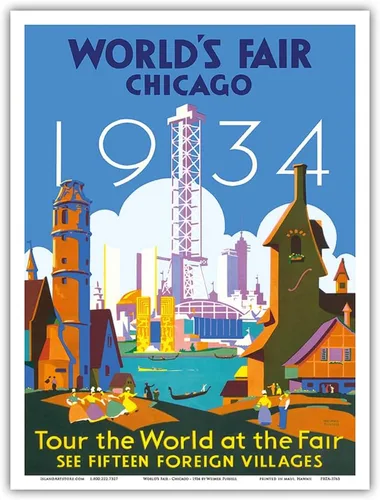 1934 World Fair Chicago - Tour the World at the Fair - Póster de viaje vintage de Weimer Pursell c.1934 - Impresión artística maestra (sin marco) 9