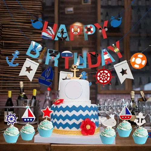Miniatura 3 de 77 piezas de suministros náuticos para fiestas: pancarta náutica de feliz cumpleaños, banderines, 30 globos de látex (rojo, azul, blanco), 24