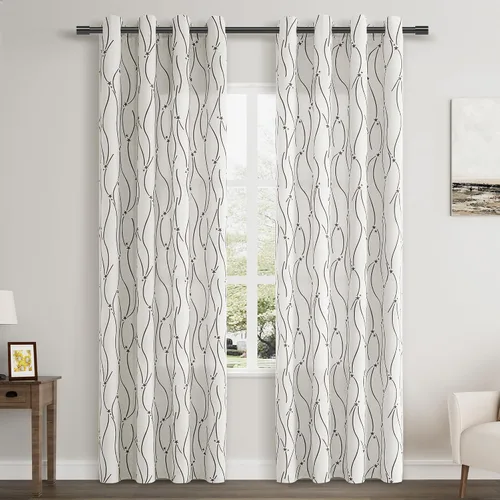 Miniatura 26 de Joywell Cortinas jacquard con ojales para sala de estar, 108 pulgadas de largo, línea ondulada negra con patrón de puntos, cortinas bordadas