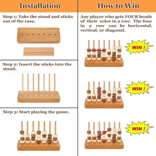 Miniatura 4 de Juego de 4 en fila de madera – 4 juegos de estrategia clásicos para adultos y niños, cuatro conectan el mismo color seguido, juego de viaje portátil
