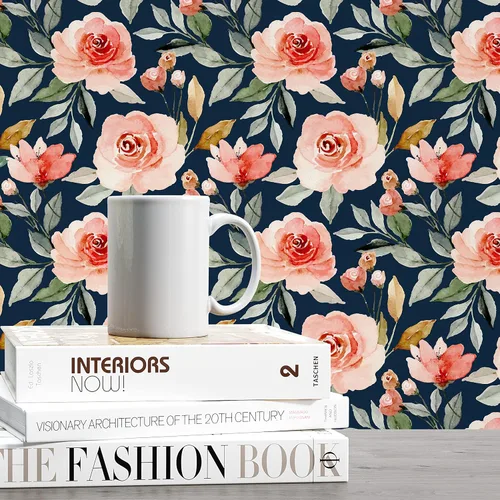 Miniatura 2 de Papel tapiz floral con fondo azul marino, autoadhesivo, extraíble, acuarela, flores, vinilo, papel de pared para estantería, encimera, decoración