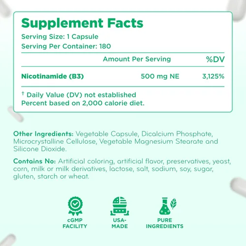 Miniatura 8 de Vitamina B3 Nicotinamida 500 mg – Forma de alta absorción de vitamina B3 Niacina sin enjuague para oír la piel, cerebro y apoyo energético