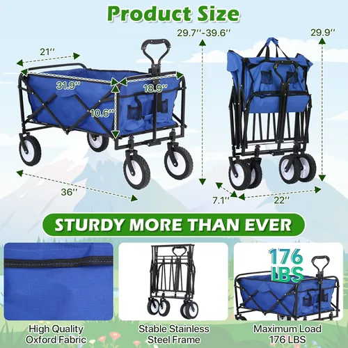 Miniatura 6 de HKLGorg Carrito plegable con ruedas, resistente, portátil, plegable, con asa, para campamento, comestibles, playa, (azul)