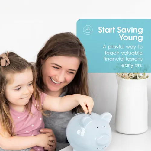 Miniatura 5 de Pearhead Alcancía Grande de Cerámica, Azul Claro, Ideal para Niños y Niñas, Ahorro de Dinero y Banco de Monedas, Decoración Perfecta para Cuarto