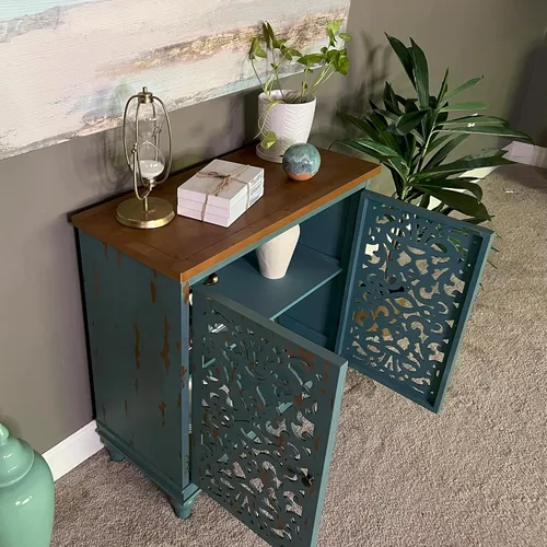 Miniatura 3 de PHI VILLA Gabinetes de acento azul, pequeño gabinete de buffet y aparador, credenza de 2 puertas talladas huecas, gabinete de almacenamiento