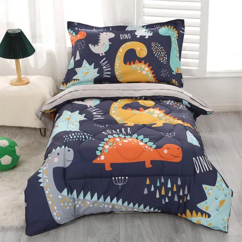 Juegos de Ropa de Cama para Niños Pequeños para Niños Premium Juego de Edredón de Dinosaurio de 4 Piezas Azul Gris, Súper Suave y Cómodo para Niños