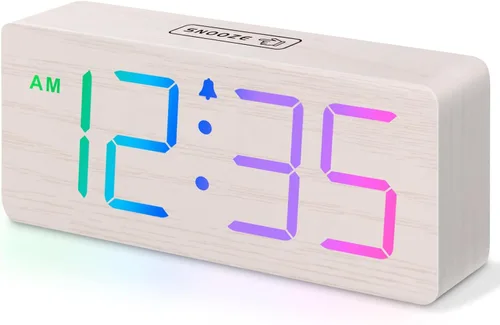 Miniatura 15 de DreamSky Reloj despertador digital de madera para dormitorio, reloj despertador fuerte para personas que duermen mucho con control de volumen