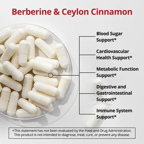 Miniatura 3 de Berberina HCL de 500 mg con canela de Ceilán, soporte metabólico 5 en 1 con BioPerine®, ALA y cromo, apoyo energético y bienestar, 60 cápsulas