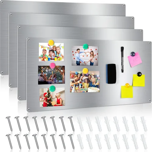 Therwen 2 tableros magnéticos para pared, sin marco, de acero, de borrado en seco, plateado, metálico, con tiras autoadhesivas de gancho y bucle