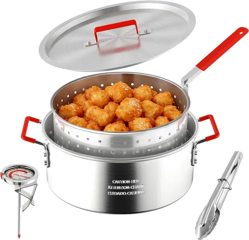 Freidora de pescado de aluminio de 10 cuartos con cesta, freidora con tapa, termómetro, pinzas para freidora y mango de fácil agarre para cocinar
