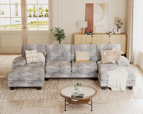 JUMMICO Sofás Seccionales para Sala de Estar, Sofá en Forma de U con Tela de Chenilla, Sofá Moderno de 4 Asientos con Almohadas Removibles para Gris