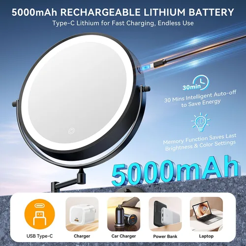 Miniatura 3 de Espejo de maquillaje iluminado de pared 30X/1X de 10 pulgadas, espejo de aumento de doble cara recargable de 5000 mAh con luz, espejo de tocador LED