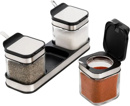 Miniatura 4 de DEAYOU Paquete de 3 cajas de condimentos de vidrio con bandeja, recipiente transparente para condimentos con tapa de acero inoxidable 18/10