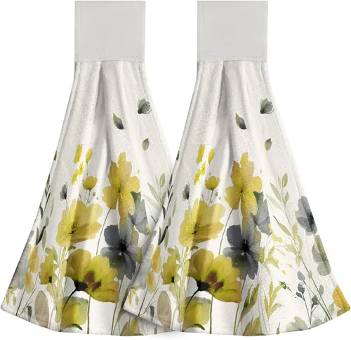 Poppy Flower Hanging Hand Towels Set of 2,17x12 Inch Watercolor Chinoiserie Yellow Black Floral Soft Absorbent Dish Cloth Tie Towel for Kitchen