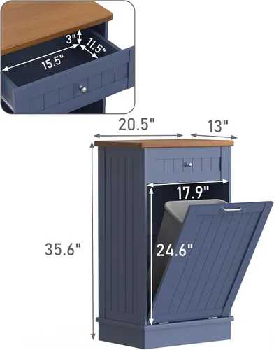 Miniatura 3 de TOLEAD - Gabinete de basura extraíble, isla de cocina estilo antiguo con tablero de perlas, superficie de madera maciza y cajón, gabinete de Azul