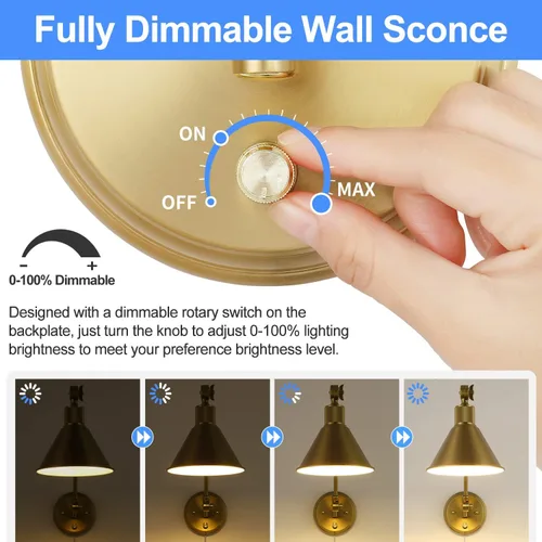 Miniatura 3 de TRLIFE - Apliques de pared enchufables, apliques de pared atenuables de latón cepillado con brazo oscilante, lámparas de pared enchufables, luz