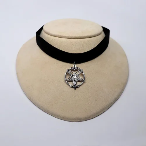 Miniatura 4 de Baphomet - Gargantilla de terciopelo negro con cabeza de cabra y pentáculo invertido, ajustable, Metal